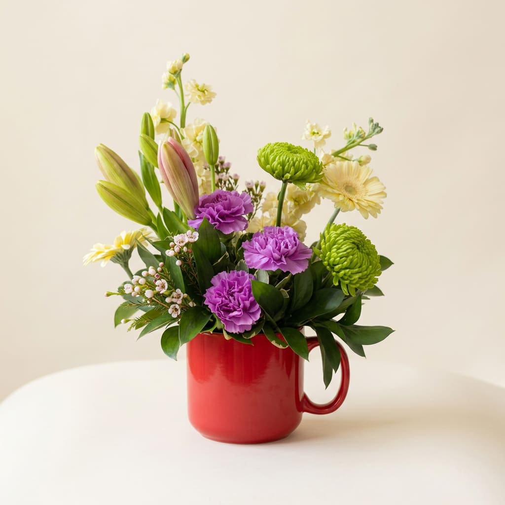 Calm Afternoon - A cheerful mix of pale lilies, purple carnations, and bright green button chrysanthemums arranged in a glossy red ceramic mug makes this flower arrangement perfect for a relaxed birthday bouquet, a thank-you gift, or a simple springtime surprise. The combination of upright lily buds and rounded carnation and chrysanthemum heads gives the recipient a fresh, uplifting impression-the kind of arrangement that says you were thinking of them and wants to brighten their afternoon.  Soft cream lilies and delicate daisy-like blooms sit against lively green accents and rich purple flowers for a pleasing contrast of color and texture. The flowers are gathered in a durable red ceramic mug that can be reused long after the stems are gone; the informal, slightly whimsical composition reads as casual and friendly rather than formal. Ideal for coworkers, friends, or neighbors who appreciate a bright, everyday floral pick-me-up-no special occasion required.