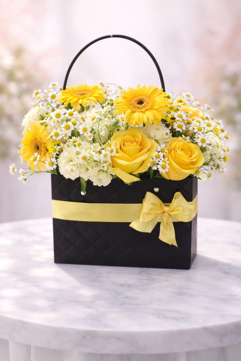 Yellow roses and gerbera daisies with white daisies in a black gift bag with yellow ribbon.