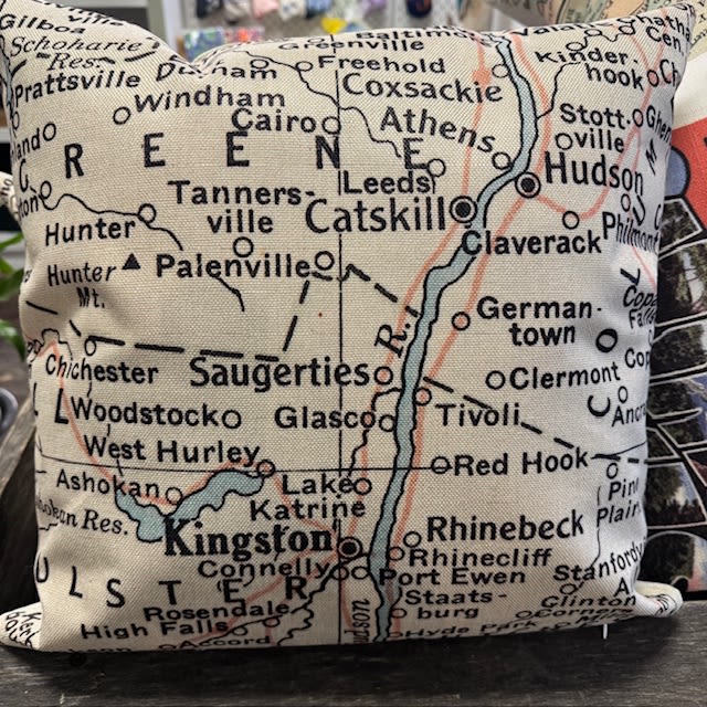 Saugerties Map Pillow - A graphic local map-print throw pillow that feels like a cozy conversation starter-perfect as a casual home accent for a living room, den, or reading nook. This square decorative pillow features a dense, text-forward map design in black place names and boundary lines on a light neutral ground, giving it a modern yet homey look that suits everyday styling or a thoughtful housewarming gift. Featuring Saugerties and surrounding towns, this is the perfect gift for all occasions! **Add on to your floral delivery, or we can ship as well**