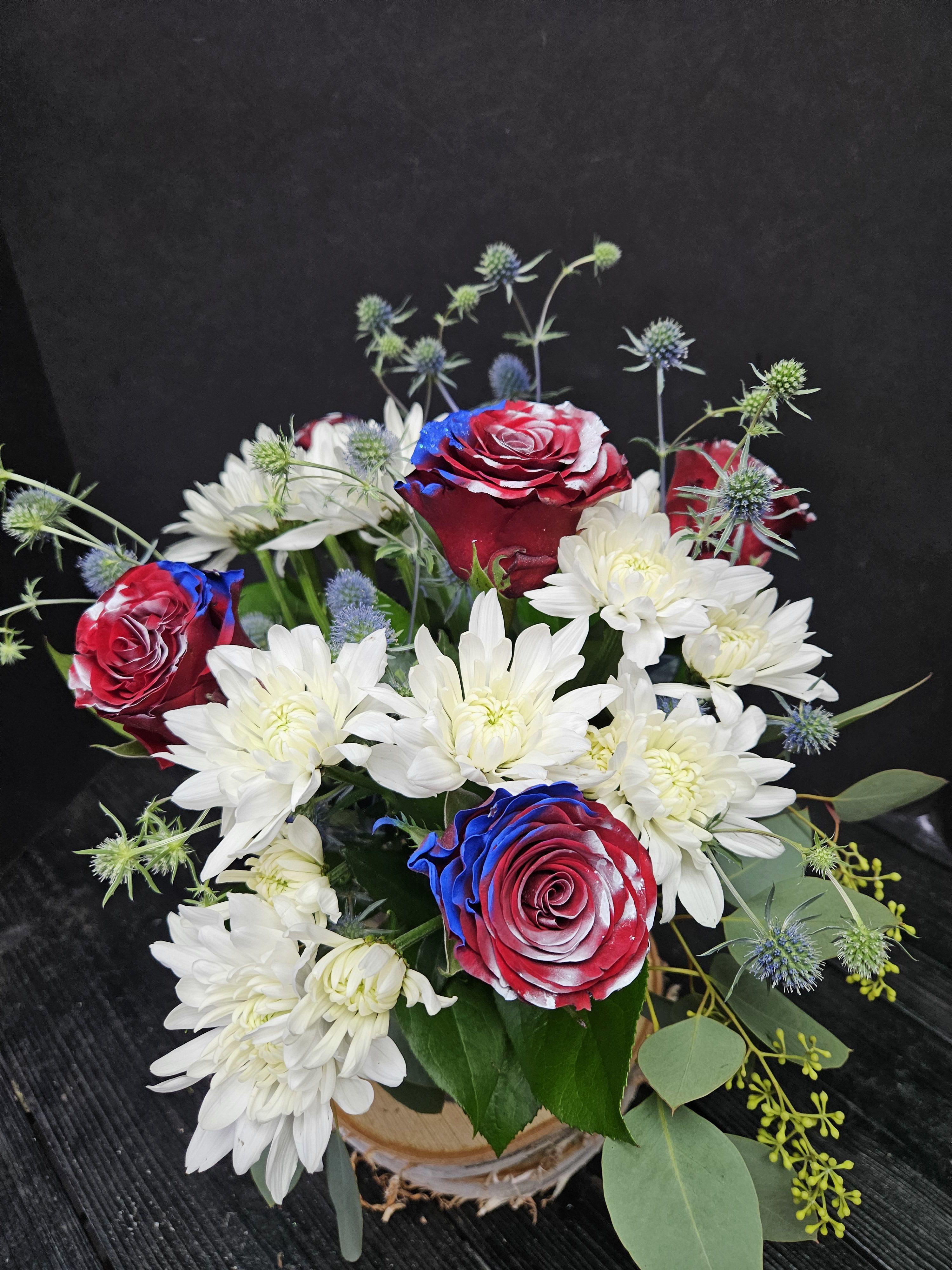 Red, White and bloom - Hand painted red white and blue roses make for a festive table piece for your holiday dinnng