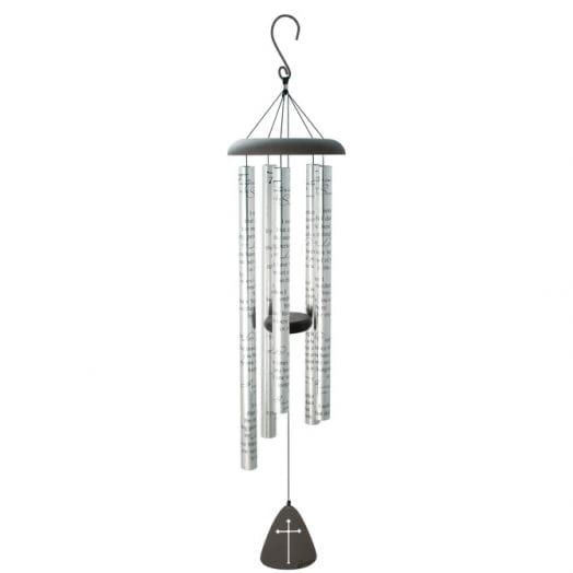 Hanging metal wind chime with silver tubes and a cross-shaped pendant