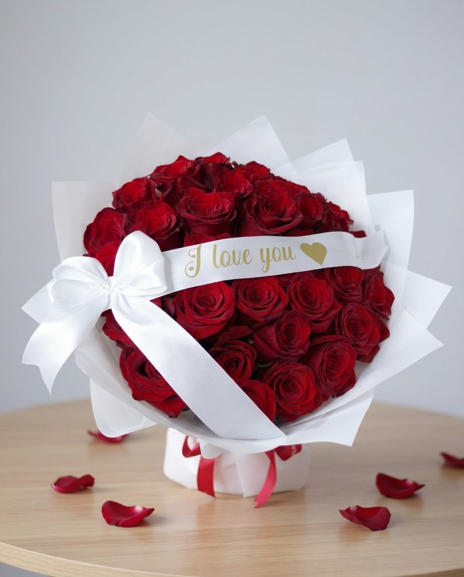 30 Red Roses Bouquet - Bouquet of 30 red roses with personalized vinyl ribbon
