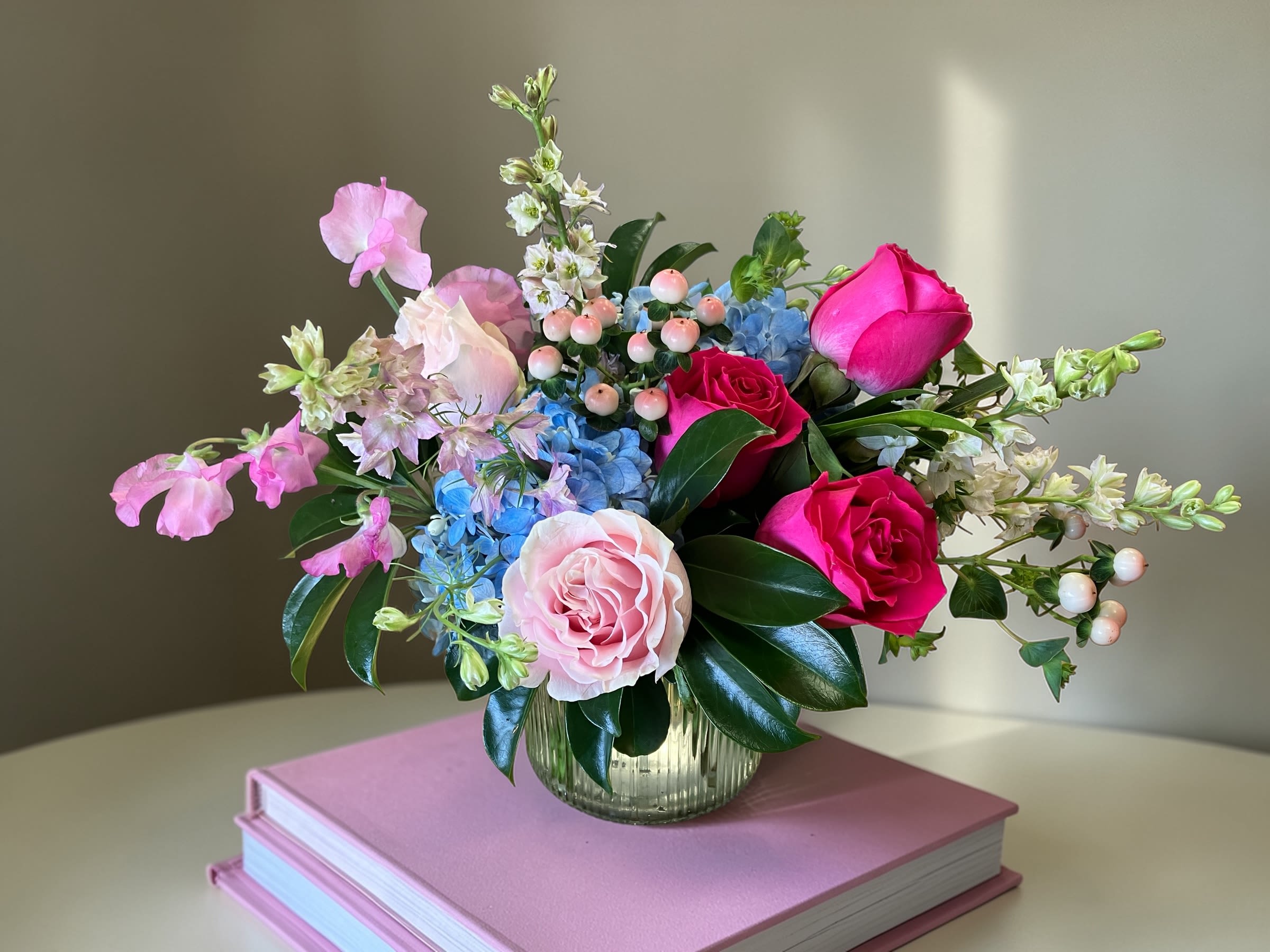 Cotton Candy - Pink roses and blue hydrangeas with airy sweet pea and white stock - feminine garden-style blooms perfect for birthdays, thank-yous, or spring celebrations.