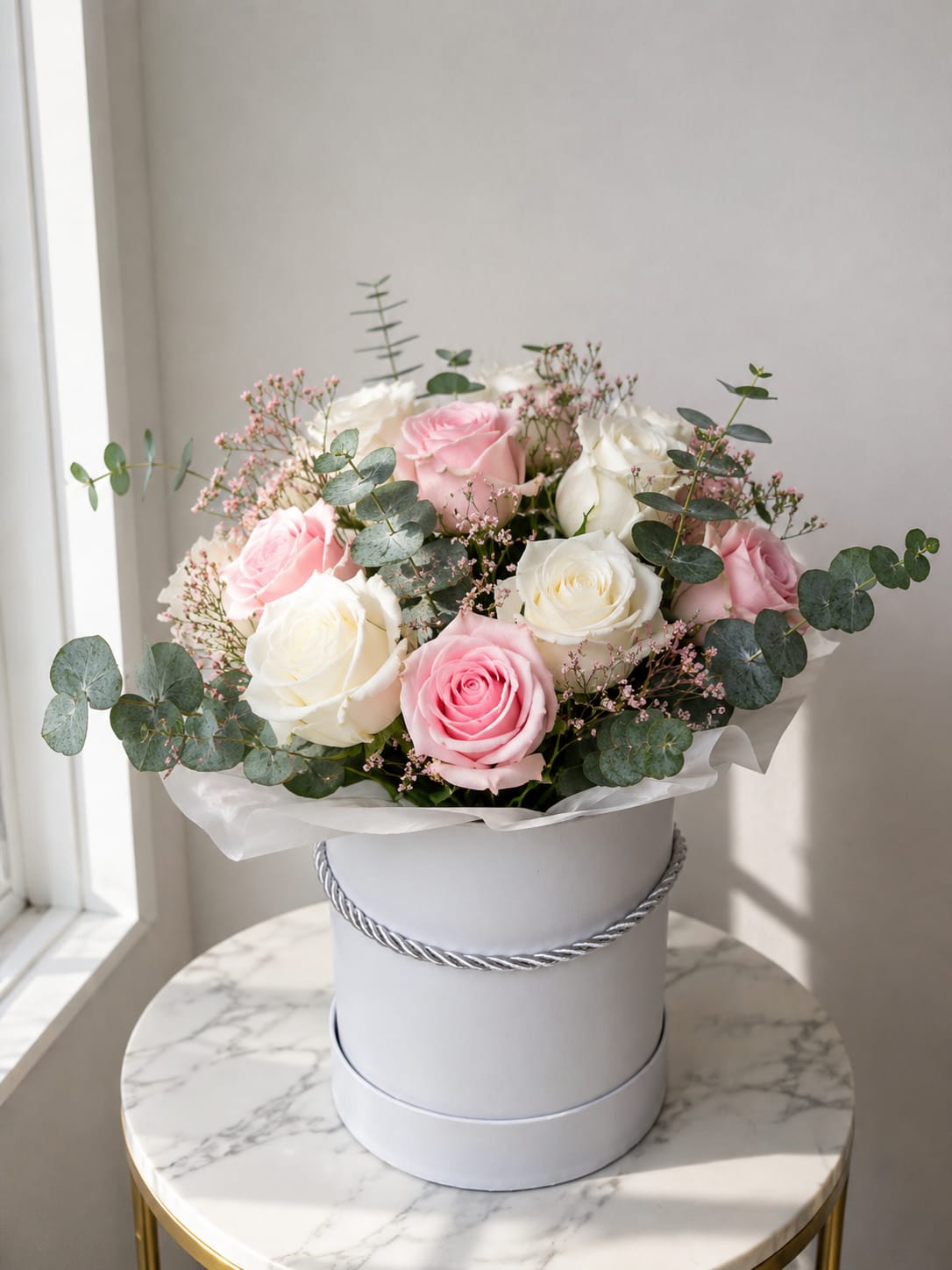     Bloom Box - Luxury pink and white rose arrangement in an elegant hat box with fresh eucalyptus and seasonal blooms. Perfect for birthdays, anniversaries, Mother’s Day, and special occasions. Same-day flower delivery available in Myrtle Beach when ordered before 12 PM