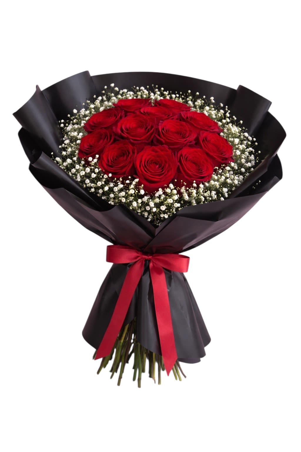 Bouquet of red roses with white baby's breath wrapped in black paper and a red ribbon