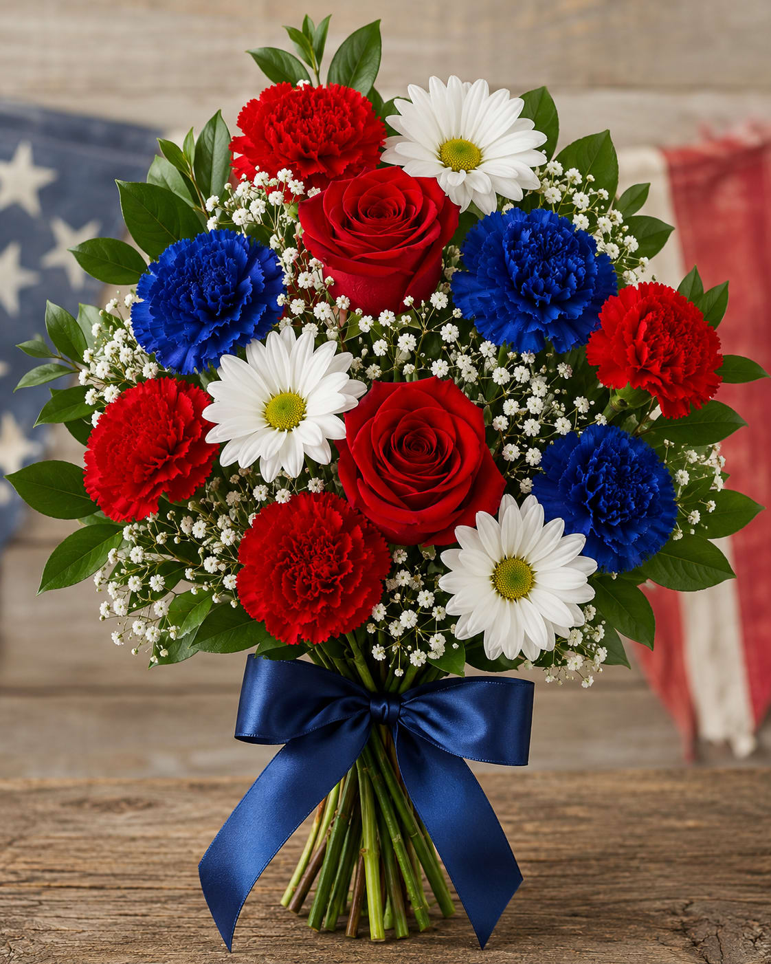 Stars, Stripes, and Blooms Bouquet  *No Vase Included* - Stars, Stripes &amp; Blooms Bouquet  Celebrate Independence Day with a timeless bouquet in classic patriotic colors. Our Stars, Stripes &amp; Blooms Bouquet is hand-tied with fresh red roses, vibrant red and royal blue carnations, cheerful white daisies, delicate baby's breath, and lush salal greenery, all finished with a beautiful blue satin bow.  Whether you're decorating for a Fourth of July gathering, sending a thoughtful hostess gift, honoring a veteran, or simply celebrating the holiday with someone special, this festive bouquet is a heartfelt way to share your patriotic spirit.  Each bouquet is handcrafted by our designers using the freshest flowers available, making every arrangement one of a kind while maintaining the same beautiful red, white, and blue theme.  Available for a limited time while supplies last.