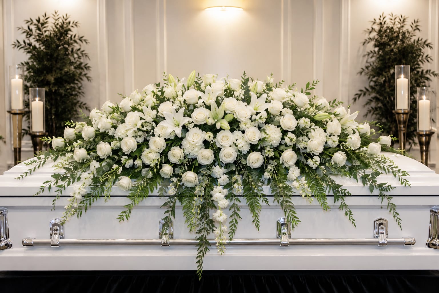 White Lily And Rose Casket Cover - A serene, all-white casket spray designed to honor a loved one with quiet dignity - the White Lily and Rose casket cover is a traditional funeral arrangement that reads as both reverent and graceful. For a memorial or sympathy service, this large, cascading casket spray offers a soft, formal presence that helps the person you're remembering feel truly respected and cherished.  This piece combines white roses and white lilies at its focal points, accented by smaller white filler blooms and trailing greenery that create a dense, graceful cascade across the top of a white casket. The symmetrical, low-profile shape measures to cover the casket's length. The all-white palette and mixed textures of velvety roses, fragrant lilies, and crisp greenery deliver a calm, unified look appropriate for traditional services.  Choose this casket cover when you want a timeless expression of sympathy that centers the grieving family and honors the life being celebrated. We recommend confirming delivery timing with the funeral home and letting us know any personalization requests; lilies and roses are arranged to remain fresh through the service with standard floral care practices.