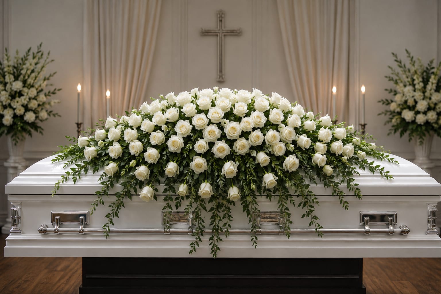 Rose Casket Cover - A full cascade of pure white roses creates a serene, reverent tribute-perfect as a funeral casket spray or memorial arrangement to honor a life. This white rose casket cover is designed for a solemn service, offering a dignified focal point draped gracefully over the top of a casket; the look complements traditional church settings and moments of remembrance.  Dense clusters of long-stem white roses form the centerpiece across the casket, while trailing green foliage softens the edges and adds gentle movement down the sides. The arrangement's scale is large and cascading, finished to sit securely atop the casket and can be paired with hard goods such as a cross, candles, or accompanying vases used in the service.  Made to convey peace and respect, this casket spray provides a meaningful way to say goodbye and to comfort the family and mourners. For sizing, placement, or to coordinate matching pieces like standing sprays or vase arrangements, please contact us so we can ensure the cover fits your chosen casket and service preferences.