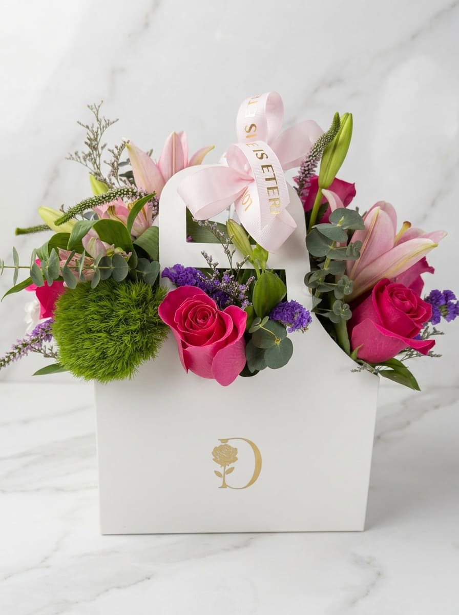 Signature Floral Purse - Bright pink roses and pale pink lilies tuck neatly into a white handled gift box, creating a romantic birthday bouquet that reads like a little celebration. The Signature Floral Purse works equally well for anniversaries, a heartfelt thank-you, or a "just because" surprise-she'll feel genuinely seen when handed this polished, purse-like box tied with a soft pink ribbon bow and finished with our decorative logo.  This full, layered arrangement pairs rounded rose blooms with upright lily buds and airy purple filler flowers for contrast, plus fresh green accents for depth and texture. The compact presentation makes it easy to display on a bedside table or desk; stems are arranged for stability in the box so flowers arrive tidy and ready to enjoy.  Perfect for marking love and romance or brightening an ordinary day, the arrangement comes in a white gift box that doubles as a keepsake. Order with confidence for birthdays, anniversaries, or simple gestures of appreciation-light floral care (fresh water, cool spot, trim stems if needed) will help the bouquet stay beautiful longer.