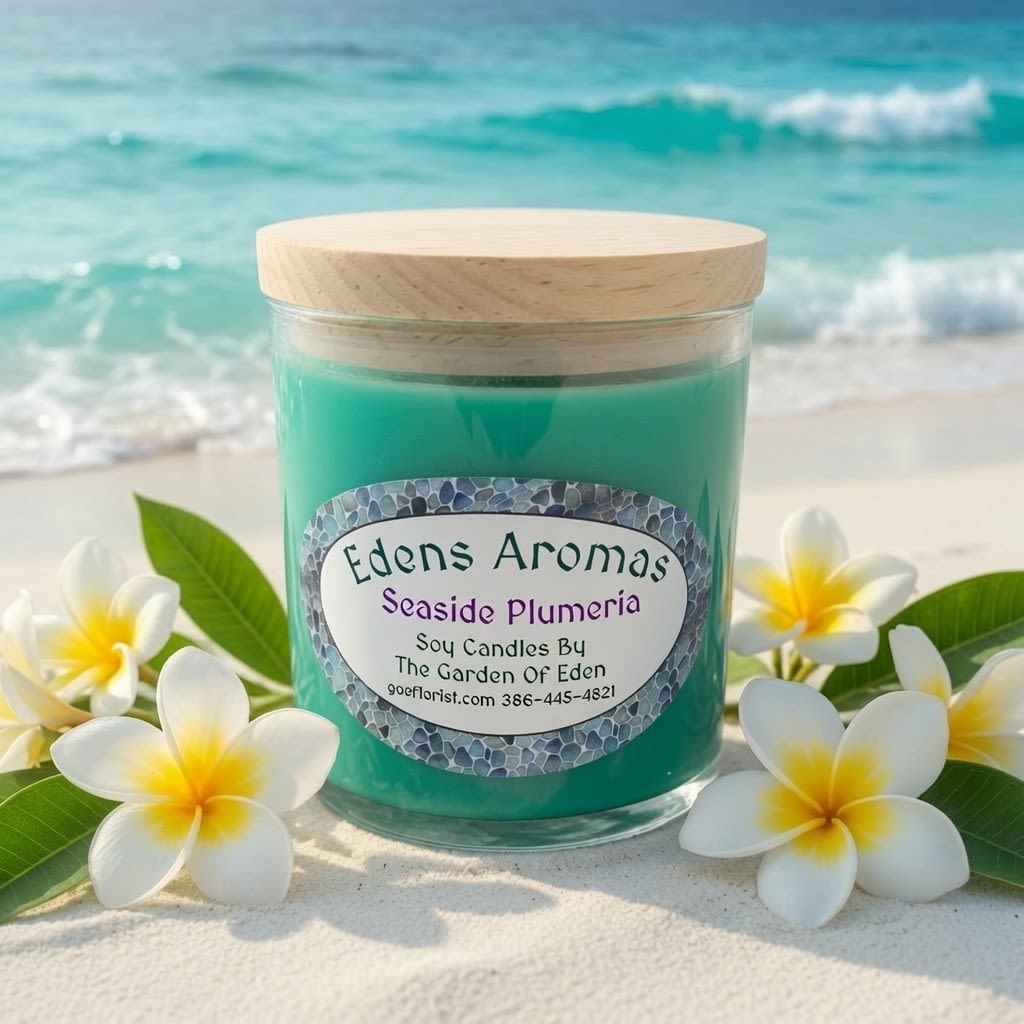 The Seaside Plumeria Candle - Aloha, floral fans, and breathe deeply the heady scent of Seaside Plumeria fragrance oil. A popular flower used for Hawaiian leis, plumeria is a uniquely sweet and juicy smelling flower. Infused with the essence of the sea, this summer scent has aquatic notes that give the fragrance an added depth. Top Notes Sea Salt Middle Notes Plumeria, Lily of the Valley, Jasmine Base Notes Light Musk, Benzoin