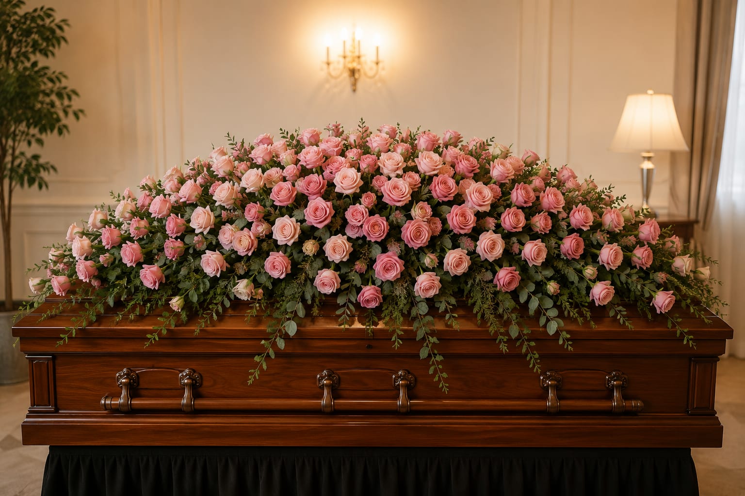 Pink Rose Casket Cover - A large, full casket spray of pink roses creates a tender, respectful focal point for a funeral or memorial service. This pink rose casket cover is designed to lay across a wooden casket, the varied shades of pink and touches of white lending a soft, romantic mood that honors the person you're remembering and comforts those who gather.  Densely packed roses form a broad, low mound that spans most of the casket lid, with trailing greenery draping gently over the front edge for a graceful finish. The palette of pink, green, and white reads as gentle and formal, making a cohesive, luminous statement without overwhelming the service space. The arrangement's full coverage and balanced profile are intended to complement a wooden casket while conveying warmth and affection.  Appropriate when you want to celebrate a life with soft, classic florals, this casket spray is well suited for those who loved pink tones or preferred understated elegance. Our florists prepare and secure the piece for safe placement on the casket; please let us know the casket size and service timing when ordering so we can ensure timely delivery and the freshest presentation.