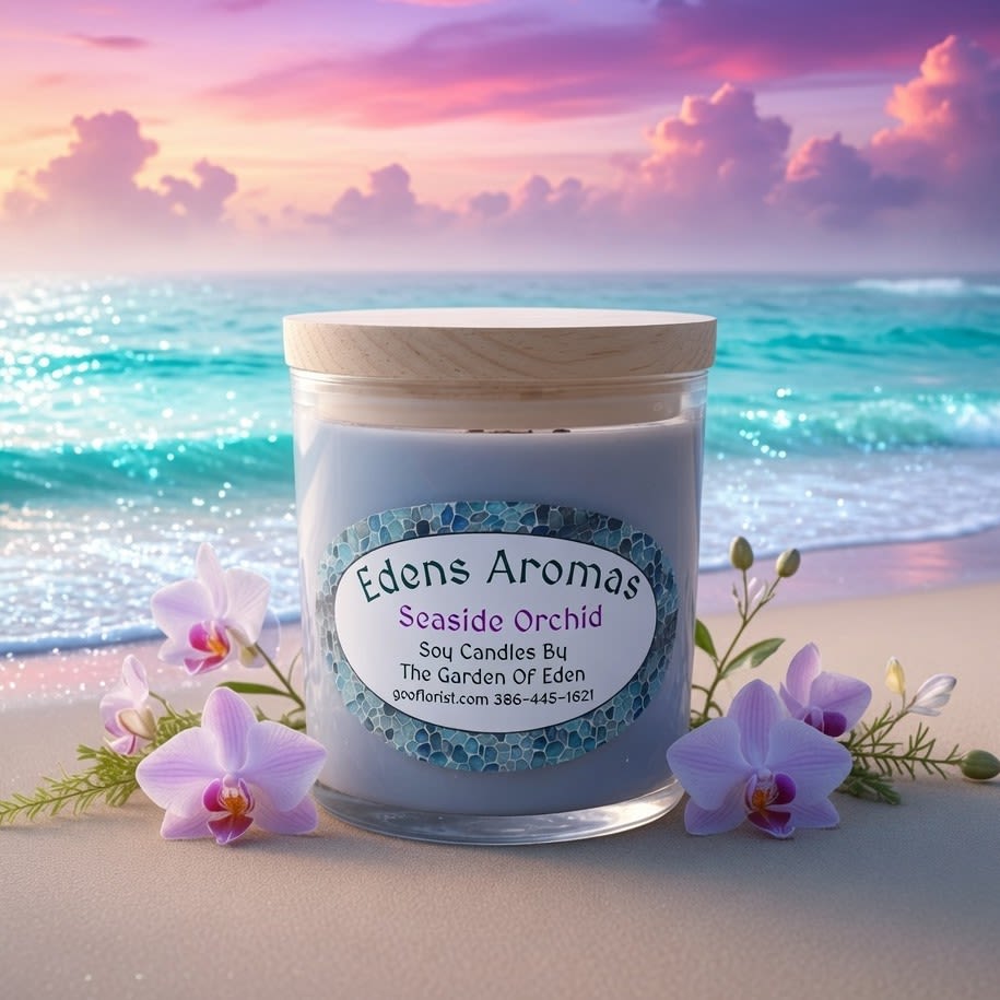Seaside Orchid Candle - Find your calm in the meditative, natural, and quietly expansive scent of Seaside Orchid, Mineral salt and marine air open into sage, lavender, and a hint of rose, freesia, Ozone, Driftwood and moss ground the fragrance in a coastal calm with patchouli, adding an earthy depth.  This fragrance oil is infused with natural essential oils, including orange sweet, patchouli, guaiacwood, 