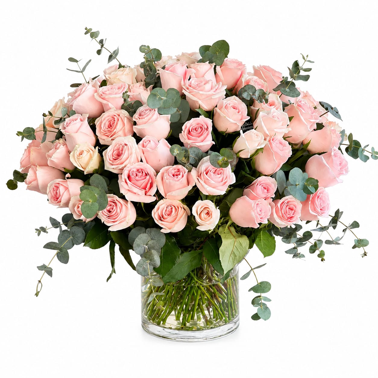 The Grand Blush Roses - The Grand Blush is a breathtaking arrangement featuring 50 premium blush pink roses, beautifully accented with fresh silver dollar eucalyptus and lush seasonal greenery in a modern clear glass vase. Designed to make an unforgettable impression, this luxurious arrangement is perfect for anniversaries, birthdays, new babies, congratulations, or any occasion that calls for an extraordinary expression of love and appreciation.  Each arrangement is handcrafted by our designers using the freshest farm-direct roses to ensure exceptional beauty and longevity.  Includes:  50 Premium Blush Pink Roses Fresh Eucalyptus ( Shop may sub for another Green if not available )  Premium Seasonal Greenery Clear Glass Cylinder Vase Handcrafted by The Flower Corner