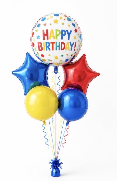 Happy Birthday Balloon Bouquet  - Bright, bold, and full of birthday fun, this classic balloon bouquet is perfect for celebrating any age! The arrangement features one 18-inch round Happy Birthday balloon paired with two vibrant star-shaped balloons and two matching round balloons in cheerful primary colors of red, blue, and yellow. Finished with coordinating curling ribbons and a balloon weight, this bouquet makes a festive centerpiece for birthday parties, deliveries, offices, schools, or surprise celebrations.  Bouquet Includes:  * One 18” Round Happy Birthday Balloon * Two Star-Shaped Foil Balloons * Two Round Foil Balloons * Coordinating Curling Ribbon * Decorative Balloon Weight  Perfect for birthdays of all ages, this colorful bouquet brings a bright, joyful touch to every celebration.
