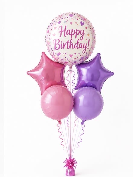 Happy Birthday Balloon Bouquet – Pink &amp; Purple - Celebrate in style with this elegant pink and purple birthday balloon bouquet. Featuring one beautiful 18-inch round Happy Birthday balloon accented with two shimmering star-shaped balloons and two coordinating round balloons in shades of pink and purple, this arrangement is perfect for making someone’s special day extra memorable. Complete with coordinating curling ribbons and a decorative balloon weight, it’s a thoughtful gift and a stunning party decoration.  Bouquet Includes:  * One 18” Round Happy Birthday Balloon * Two Star-Shaped Foil Balloons * Two Round Foil Balloons * Coordinating Curling Ribbon * Decorative Balloon Weight  Ideal for birthdays of all ages, this charming bouquet adds a touch of elegance and celebration to any party or surprise delivery.