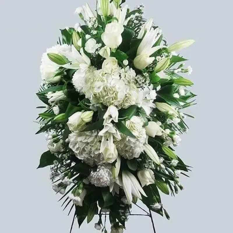 Wonder White - A commanding oval of pure white blooms-large lilies and lush hydrangea-creates a dignified sympathy standing spray that honors a life with quiet elegance. This funeral flower arrangement is designed for memorial services and graveside ceremonies, offering a solemn, respectful tribute that will make the person you're remembering feel honored and not forgotten.  Dense clusters of white lilies, hydrangeas, carnations and daisies are layered into a full, symmetrical oval and set against deep green foliage for strong visual contrast. Mounted on a sturdy floral stand with a standing easel, the spray presents upright and formal, sized to be seen from a distance and to complement traditional service settings.  Choose this arrangement to express condolences or to send as a memorial gift-the restrained palette and classic shape convey sympathy without words. Care is minimal once placed on its floral stand; stems are arranged in water-soaked floral foam at delivery to keep blooms hydrated through services. Free delivery is included.