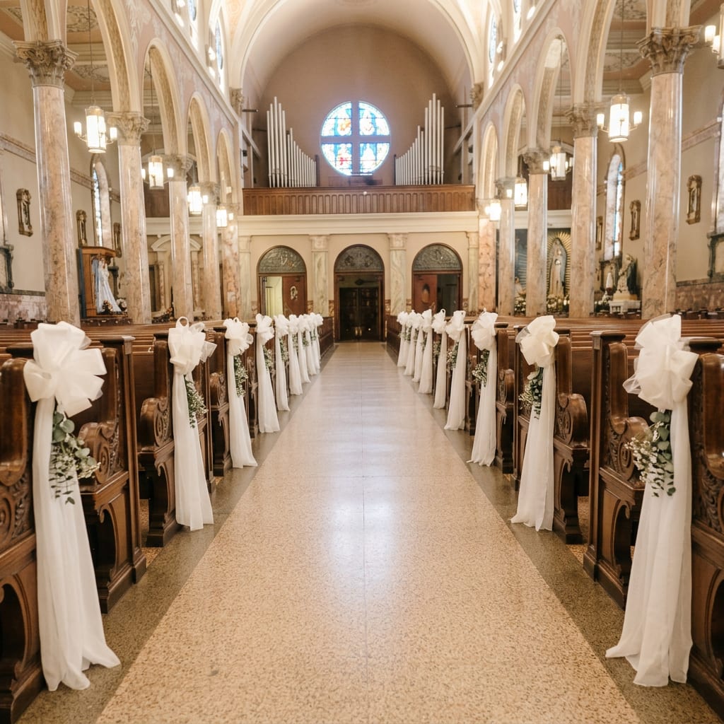 Pew &amp; Ribbon - Soft ivory tulle bows and trailing white fabric transform each pew into a simple, ceremonial statement-perfect for a wedding ceremony in a church or chapel. These pew and ribbon decorations are designed for brides seeking a traditional, formal aisle that feels both elegant and restrained; the white and green floral accents add a fresh, natural touch so the person you're honoring feels cherished as they walk down the aisle.  Each pew is dressed with white draped fabric and a full white tulle bow, anchored by small green-and-white floral clusters that echo the church's interior tones. The arrangement reads as coordinated and symmetrical from the back row to the front, creating a soft, continuous line of texture and color that complements wood pews and warm brown finishes without overpowering the space.  Ideal for classic church weddings, vow renewals, and formal ceremonies, these pew decorations help make the moment feel ceremonial and refined. They're easy to install along the aisle and styled to photograph beautifully-choose this look when you want a timeless, understated backdrop that keeps focus on the couple while making guests and the person walking the aisle feel truly seen.