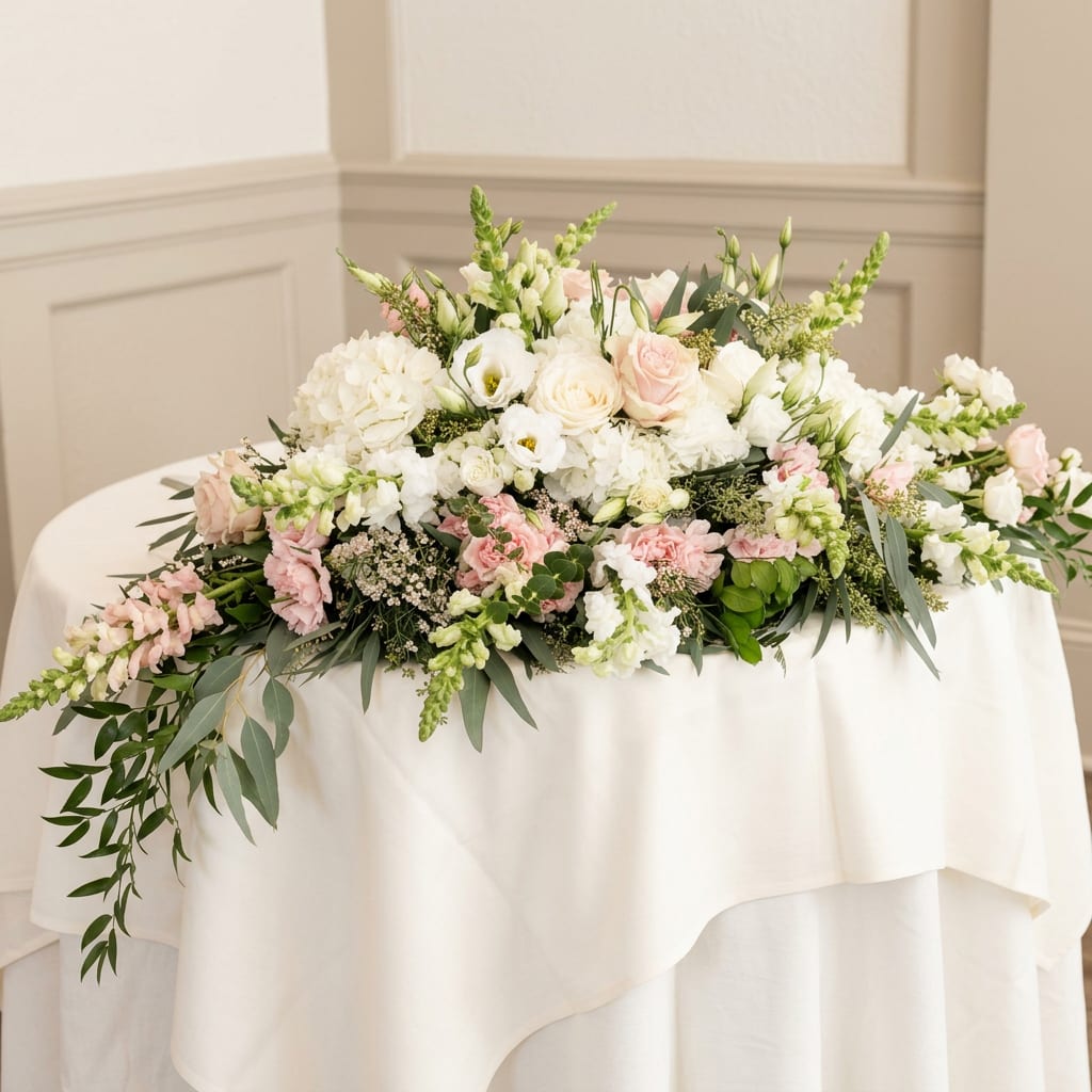 The Soft Edge - A long, low wedding centerpiece that reads romantic and garden-fresh, perfect for a reception table or ceremony display. This wedding flowers arrangement for weddings pairs white and blush pink blooms with soft green accents so the person you're celebrating will feel surrounded by gentle, elegant charm.  Rounded hydrangeas and garden roses form the lush core, with delicate lisianthus, ruffled carnations, and taller snapdragon spires adding air and vertical contrast for texture and movement. The spread sits across a round table draped in white linen, designed to be low enough for conversation while offering an abundant, layered silhouette that photographs beautifully from every angle.  Made to anchor a sweetheart, guest, or head table, The Soft Edge is the kind of centerpiece that makes a couple and their guests feel truly cherished. Arrange delivery and placement notes at checkout; light daily misting and keeping stems in water until ceremony time will help blooms stay fresh through the event.