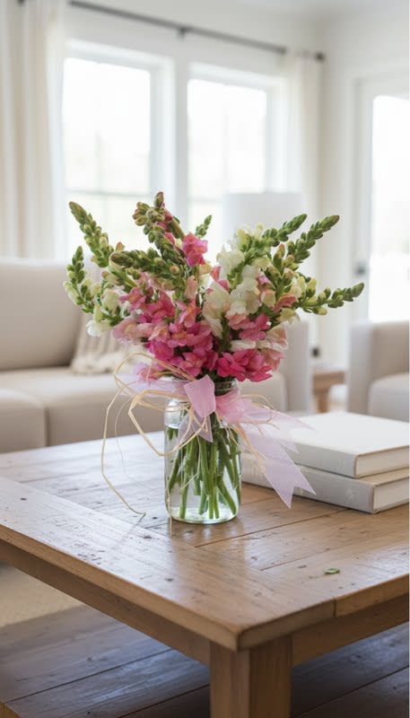 Snapdragon Gathering  (colors vary) - Sweet snapdragons in a mason jar are a perfect floral gift for the garden lover in your life. Shown here in shades of pinks and whites...  but we will gathered whatever hues are freshest and vibrant. With that "freshly plucked from the garden" feel, these blooms practically radiate summer flower power!   *** no color is guaranteed... but if you require a certain color.. please put that request in the notes when placing the order .