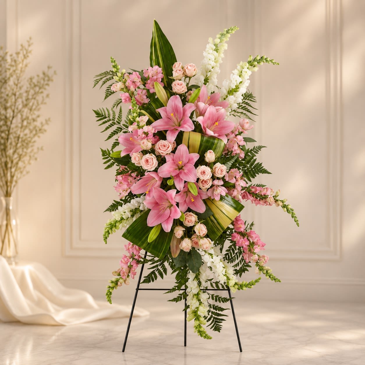 SPRAY PINK HARMONY - A tall standing spray of soft pink and white blooms designed to express sympathy with quiet elegance - perfect as a funeral spray or memorial tribute. The arrangement's large pink lilies form a luminous focal point that draws the eye upward, while pale pink roses and cascading white snapdragon-like spikes soften the silhouette and create a comforting, peaceful presence for a service or ceremony.  Structured yet graceful, the spray pairs rounded roses and open lilies with broad tropical-style leaves and ferny greenery for layered texture and strong vertical movement. Trailing white flower spikes add gentle motion and contrast against the lush green foliage; the piece is presented on a sturdy black metal easel for classic display. Its full, formal shape offers a respectful statement that will help the person you're honoring feel remembered and cherished.