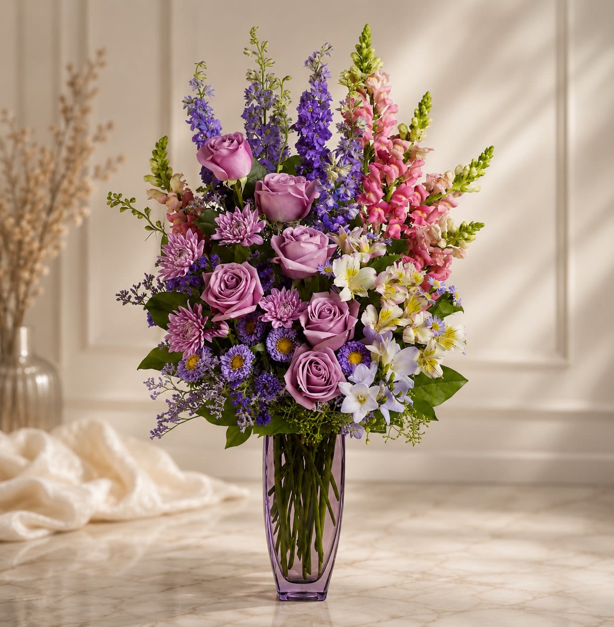 LAVENDER BOUQUETE - Lavender roses clustered with tall spikes of purple and pink snapdragons create a soft, romantic centerpiece perfect for a birthday bouquet, anniversary arrangement, or spring celebration. The upright, garden-style composition reads as both celebratory and intimate-she'll feel genuinely seen when these layered, fragrant blooms arrive.  This mixed-color floral arrangement pairs lavender roses with purple snapdragons, pink snapdragon accents, small purple aster-like blooms, and white alstroemeria for bright contrast. The stems are arranged full and upright in a purple glass vase that reinforces the violet palette and gives the bouquet a polished, elegant finish.  Send this when you want to mark a meaningful moment-a thoughtful way to say "I'm thinking of you," "happy birthday," or "congratulations." The vase is ready to display on arrival; trim stems and refresh water every few days to keep blooms looking their best.