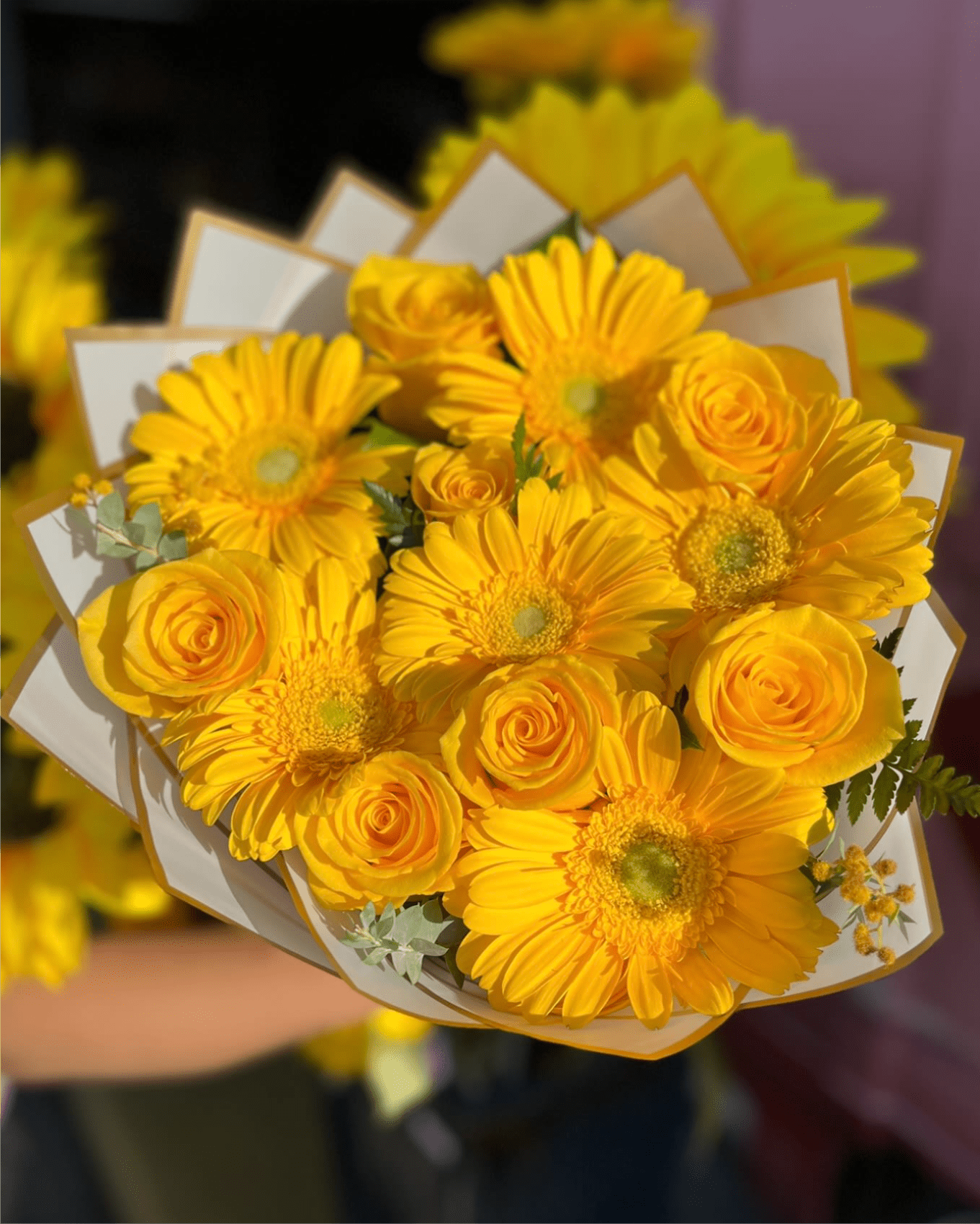 Yellow Rose And Gerbera Daisy Bouquet - Six yellow gerbera daisies and six yellow roses are tightly clustered with pale green foliage and wrapped in crisp white paper with subtle gold edging for a clean, modern presentation. The compact size makes it ideal to hand to a friend, colleague, or loved one.