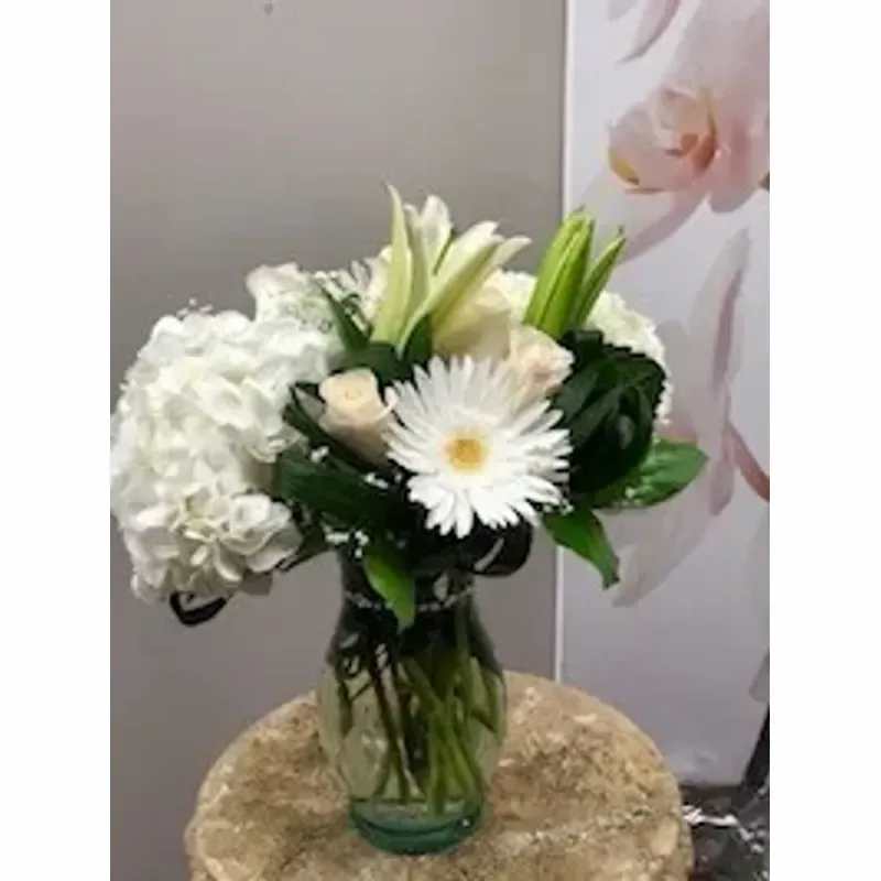 Tranquil Bouquet - All White Flowers Arranged In A Glass Vase. 