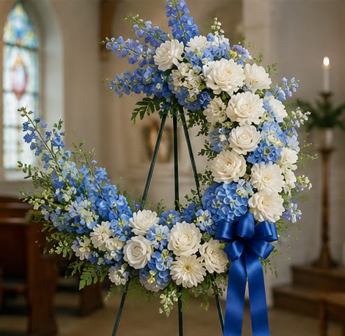 Crescent Sympathy Wreath - A serene crescent-style sympathy wreath in blue, white, and green makes a heartfelt statement of remembrance for a funeral or memorial service. This funeral wreath and memorial arrangement places the emphasis on calm dignity-the kind of floral tribute that helps the grieving person feel honored and comforted in a solemn moment.  The wreath is crafted as a large circular display on a metal stand, built from alternating clusters of white and vivid blue blooms. You'll find fuller rose-like blossoms, daisy-shaped flowers, rounded hydrangea clusters and small filler flowers woven through fresh greenery for texture and depth. A bright blue satin ribbon drapes from the lower right, giving the piece a formal, ceremonial accent that reads beautifully in a church or service setting.  Designed to convey respect and sympathy, this arrangement is a meaningful way to send condolences and honor a life. The size and stand make it suitable for view at a service or graveside, and the cool blue-and-white palette keeps the focus on remembrance; please note the included metal wreath stand and blue ribbon are part of the presentation.
