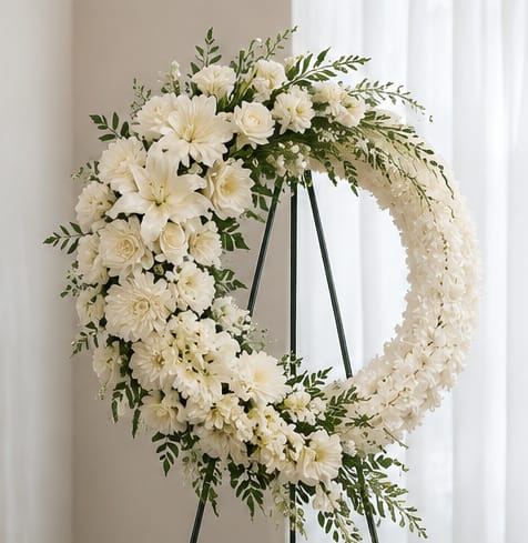 Timeless Love Funeral Wreath - A luminous circular wreath of white blooms designed for sympathy and memorial services, the Timeless Love funeral wreath conveys calm and grace the moment someone sees it. The white daisies, roses, and fuller chrysanthemum-style flowers form a soft, layered texture that reads as both serene and consoling-perfect for a funeral or memorial service, or for honoring a loved one at a remembrance gathering.  The wreath is finished with scattered green foliage that adds gentle contrast and natural depth, and it arrives ready to display on a dark metal easel stand for immediate placement at a service or in a home. The overall effect is understated and formal: clean white petals, soft green accents, and a balanced round silhouette that draws the eye and soothes the senses.  Choose this wreath when you want the person you're honoring to feel deeply respected and remembered; it sends a message of enduring care and quiet dignity. Supplied on the included easel, it's sized for prominent display at services-no assembly required-so you can arrange delivery and trust it will arrive ready to present.