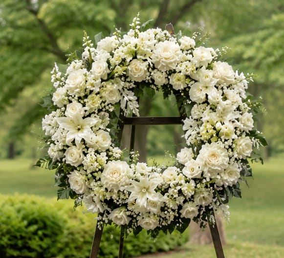 A Life Well Lived Sympathy Wreath - A large, all-white funeral wreath crafted to convey calm and reverence, this sympathy wreath is ideal for memorial services and honoring a life well lived. The circular design of white roses and white lilies makes an immediate, serene impression-perfect for expressing sympathy or sending condolences to the family in a formal setting.  Dense, symmetrical styling gives the wreath a polished, ceremonial look. Clusters of small filler blooms are woven through the roses and lilies to add texture and gentle visual movement while keeping the overall palette pure white and soft green foliage for contrast. The arrangement is shown mounted on a dark metal wreath stand for respectful display at services or graveside.  Designed to comfort the recipient, this wreath sends a clear message of sympathy and remembrance for a funeral or memorial service. It arrives ready to display on the included stand; keep flowers cool and sheltered from extreme heat until the service to preserve freshness.