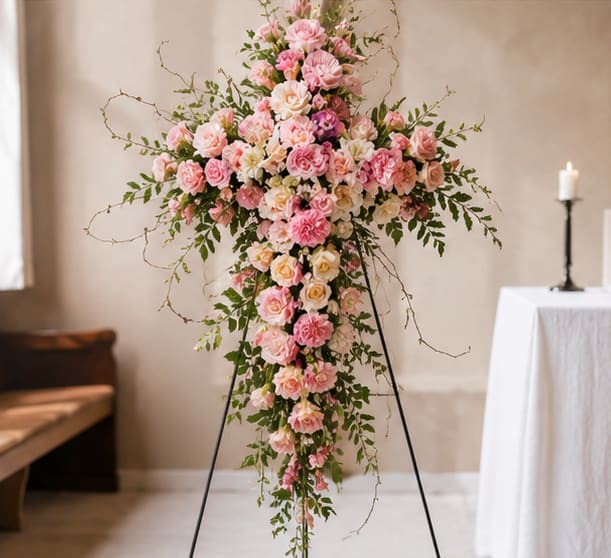 Sweetest Love Funeral Cross - A large cross of soft pink and blush roses accented with white blooms creates a dignified sympathy arrangement designed for memorial services and funerals. The Sweetest Love Funeral Cross is a formal funeral cross that offers a gentle, comforting visual - the kind of tribute that helps the person you're honoring feel remembered and respected.  This arrangement is built into a tall cross shape covered predominantly in pink roses with blush tones and scattered white roses and carnations, finished with trailing greenery and natural twig accents for texture. It comes mounted on a sturdy metal stand for easy placement at a service or graveside and makes an immediate yet understated statement of compassion.  Choose this cross when you want to offer solace to grieving family members or mark a solemn ceremony with floral grace; it conveys sympathy and tender remembrance. For delivery and placement at a funeral home or service, please select the appropriate delivery option at checkout so the arrangement arrives on time and ready to stand.