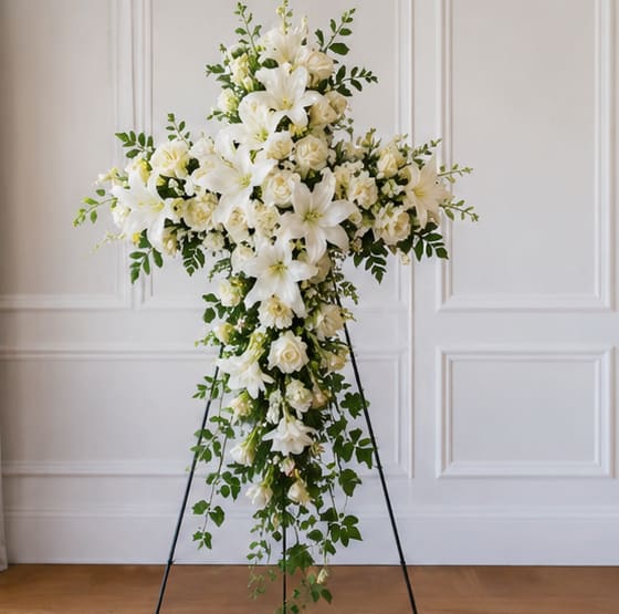 The Gentle Sympathy Cross   - A serene white sympathy cross designed to honor a life with quiet dignity-this flower arrangement is a formal funeral tribute meant for memorial services and graveside gatherings. The cross shape composed of lilies, roses, and carnations reads devotional and respectful, making it an appropriate choice when you want the person you're remembering to be celebrated with grace and tradition.  Dense clusters of white lilies, roses, and carnations create a luminous, textured surface across the arms and center of the cross, while trailing green foliage descends from the lower section to add gentle movement and contrast. The palette is predominantly white with soft green accents, presented on a sturdy metal easel stand for easy display at services or a memorial site.  Give this tribute when you want to convey sympathy, reverence, or a heartfelt farewell-the arrangement communicates calm and consolation to family and friends. The cross is delivered ready to place on the included metal easel; keep blooms cool and out of direct sun until the service to help them maintain their freshness.