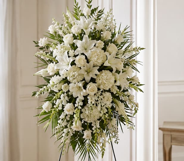 Time For Remembering Funeral Spray  - A serene cascade of white lilies, roses, hydrangeas and carnations makes a solemn, comforting statement for a funeral spray or sympathy arrangement. The tall, formal standing spray is designed for memorial services and graveside display, offering a dignified tribute that helps the person you're honoring feel remembered and celebrated.  Layered textures of large white lilies and roses are softened by clouds of hydrangea and carnations, while orchids add a refined, graceful touch; long, arching greenery frames the composition and gives the spray its ceremonial height. Mounted on a floral stand, the dense, symmetrical silhouette presents clean lines and a restrained white-and-green palette that reads classic and respectful.  Ideal for a funeral service, memorial gathering, or to send condolences to a family, this arrangement conveys sympathy and reverence without words. Sized for prominent display on a stand, it arrives ready to present at the service; standard care is minimal-keep flowers in a cool place until needed and mist the blooms lightly to maintain freshness.