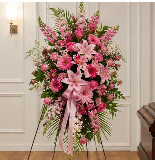 Sweetness and Light Standing Spray - A tall, graceful standing spray that speaks with soft sympathy and tender remembrance, perfect as a sympathy arrangement or memorial tribute. The Sweetness and Light Standing Spray uses pink lilies, roses, and gerbera daisies to create a formal yet feminine display that gently honors a life. The vertical silhouette and cascading pink ribbon give it the presence needed for an easel-mounted memorial service.  This dense, layered design blends light and bright pink tones with touches of white and green to create depth and warmth. Large pink lilies and roses anchor the spray while gerbera daisies and smaller accent blooms fill the composition for a full, textured look. A pink ribbon trails from the center and the arrangement is shown on a metal easel stand for prominent display.  Made to comfort the person you're thinking of, this standing spray conveys sympathy, love, and respect at a funeral or memorial. Its height and formal shape ensure it will be visible in a service setting; standard care is to keep flowers in a cool place before delivery and allow the florist to place the piece on the provided easel for best presentation.