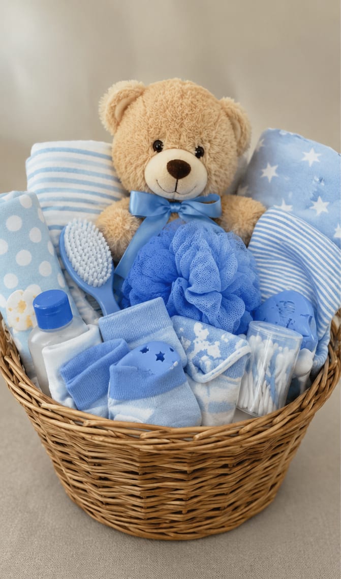 Bundle Of Joy Boy - Soft blue and white accents make this baby gift basket a cheerful way to celebrate a newborn boy or a baby shower. As a baby gift arrangement, Bundle Of Joy Boy presents a cozy, nursery-ready surprise that will make the new parents feel supported and excited for their little one.  The woven wicker basket holds a plush teddy bear with a satin bow surrounded by soft textiles-patterned blankets, tiny baby socks-and practical care items like a baby brush, lotion bottle, cotton swab container, and extra blankets. The pale blue palette and gentle textures create a handmade, comforting look that reads as thoughtfully curated rather than fussy. Some items may vary depending on availability.   Perfect for welcoming a son, congratulating new parents, or bringing to a hospital visit, this basket sends a message of warmth and care that the family will appreciate. 