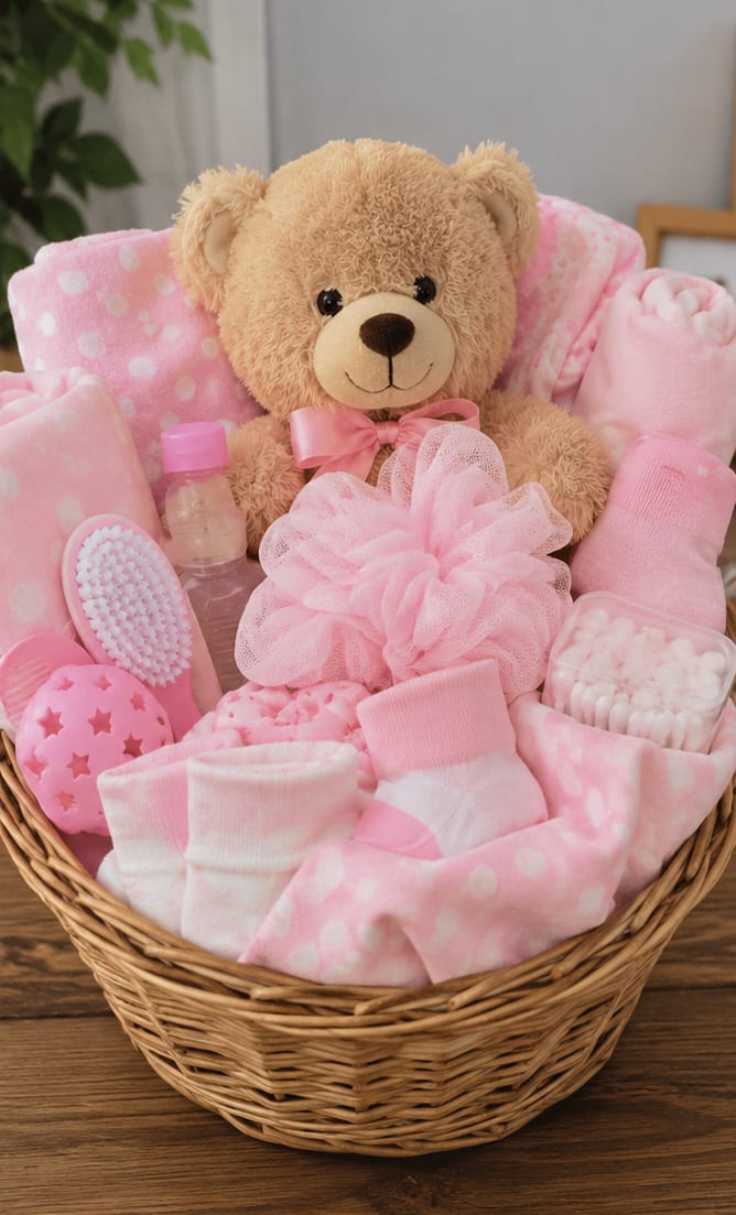 Bundle Of Joy Girl  - Soft blush and peach tones make this Bundle of Joy Girl the sweetest new baby gift for welcoming a newborn or celebrating a baby shower. The arrangement-style gift basket presents a soft, nursery-ready palette-pink, white, and peach-that immediately reads as joyful and comforting for a new baby girl.  Arranged in a round wicker basket, a plush teddy bear with a satin bow anchors the display while a cuddly pink blanket, tiny socks, and a washcloth create layers of softness. Baby bath essentials-mesh bath pouf, baby bottle, bath brush, gentle soap-and a small toiletry set are tucked among the textiles for a practical, pretty presentation that looks as good on a changing table as it is useful at bath time. Some items may vary depending on availability.   This bundle is made to make the new mom or family feel truly celebrated: thoughtful, wearable, and ready-to-use items that show you're thinking of them. 
