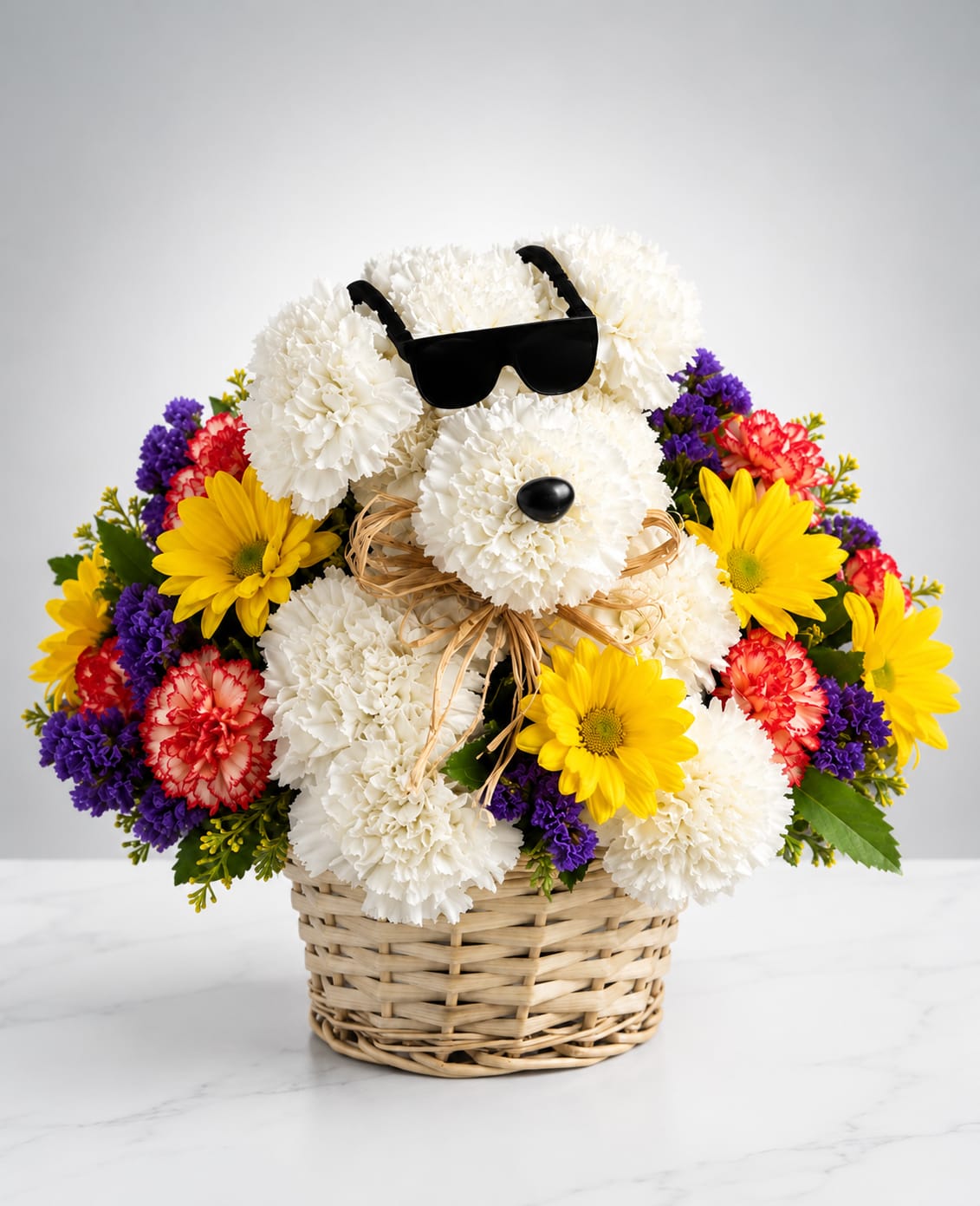Cool Vibes Puppy - Bring smiles with Cool Pup an adorable handcrafted floral puppy made from fresh white carnations and accented with colorful seasonal blooms. Wearing stylish sunglasses and arranged in a natural woven basket, this charming design is the perfect gift for birthdays, get well wishes, congratulations, thank you, or just because.