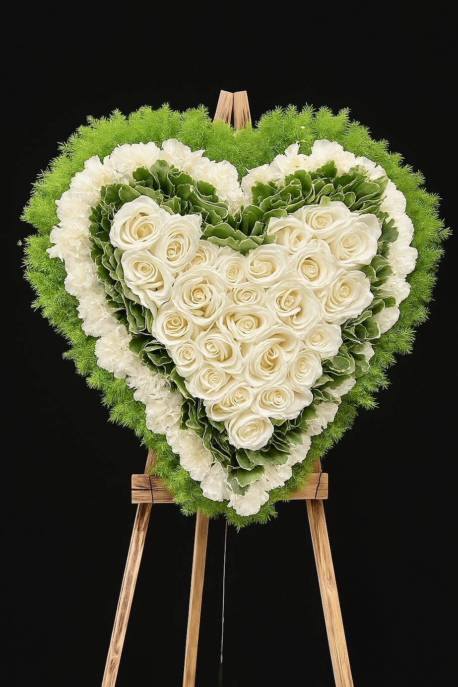 Heart-shaped floral wreath with white roses and green ruffled flowers on an easel
