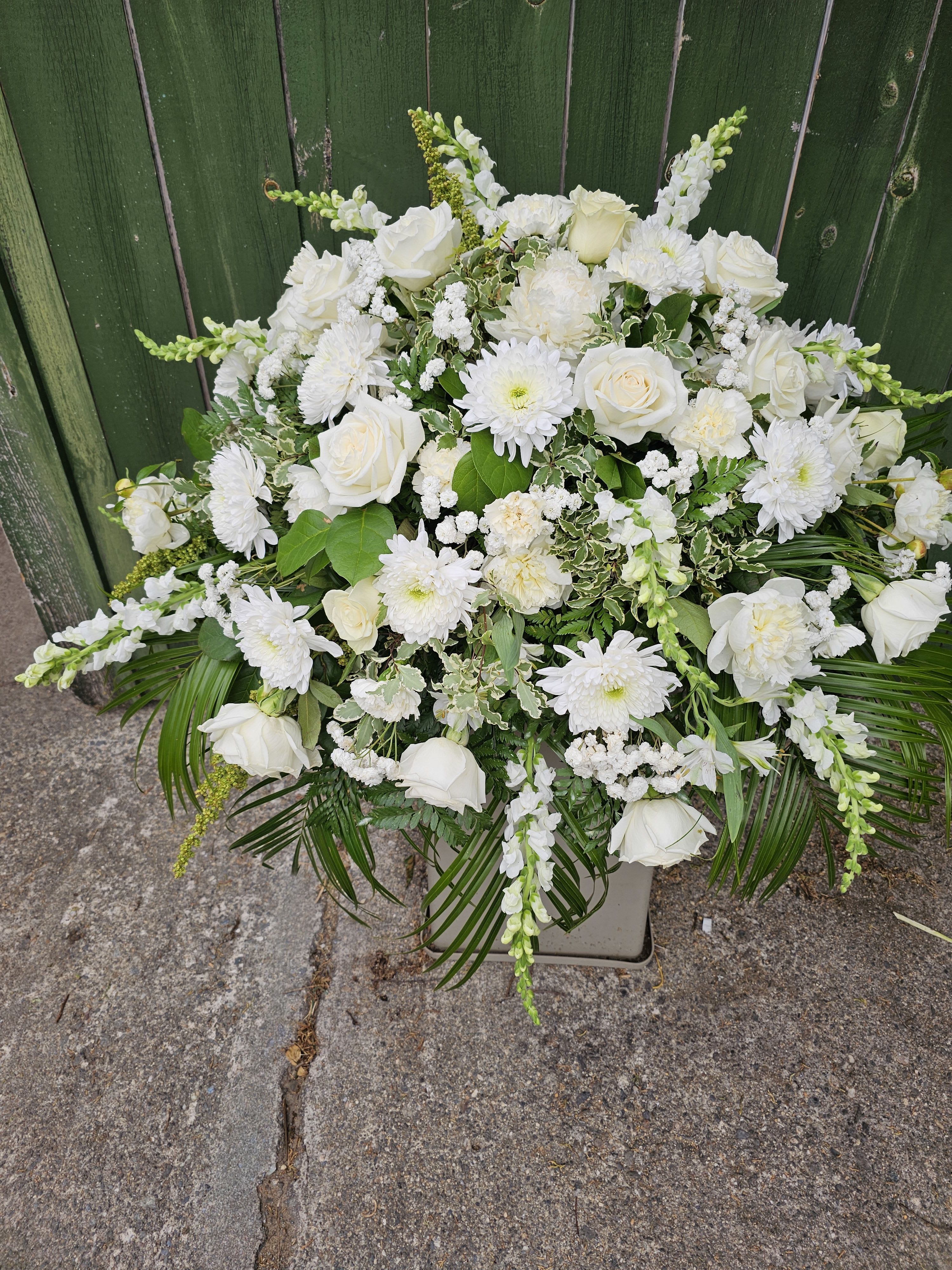 Grace &amp; Peace Casket Spray - Pure white roses and chrysanthemums rise in a dignified, rounded Casket spray accented by tall snapdragon spikes-an elegant sympathy arrangement designed for funeral services and graveside tributes. The serene white and green palette and formal, dense composition convey solemn comfort so the person you're honoring will be remembered with grace and respect.  This large spray is built with layered green foliage and trailing palm fronds at the base, giving a full, traditional silhouette that reads beautifully at a service. The mix features bright white roses, cushion chrysanthemums, and vertical snapdragons for height and texture.