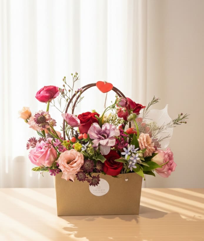 Mixed pink and red flower arrangement in a brown gift box with a heart handle