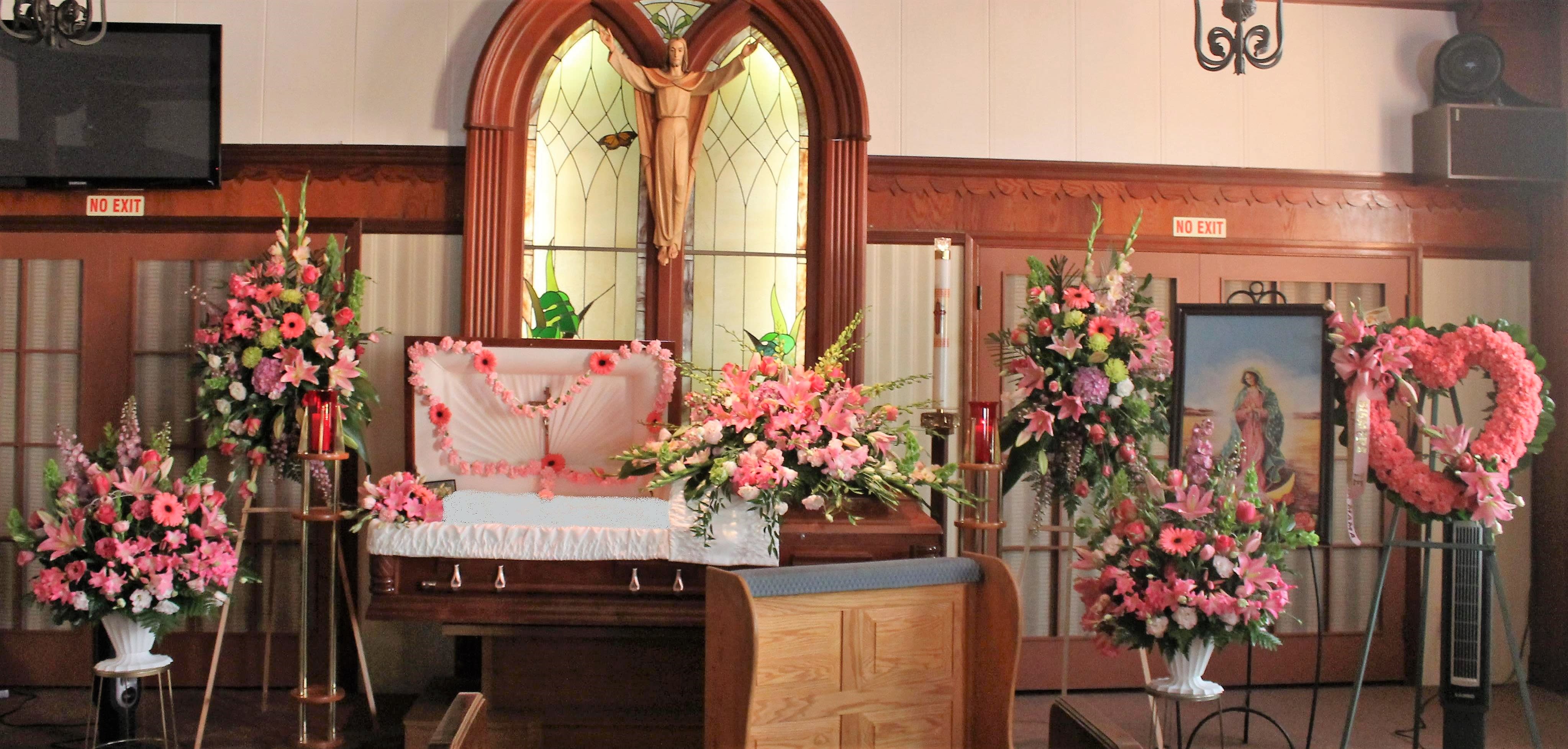 Pinks Set - This lovely set Includes a Casket Arrangement, Rosary, Two Sprays, Heart, and Two Basket Arrangements.  DOES NOT INCLUDE RIBBON