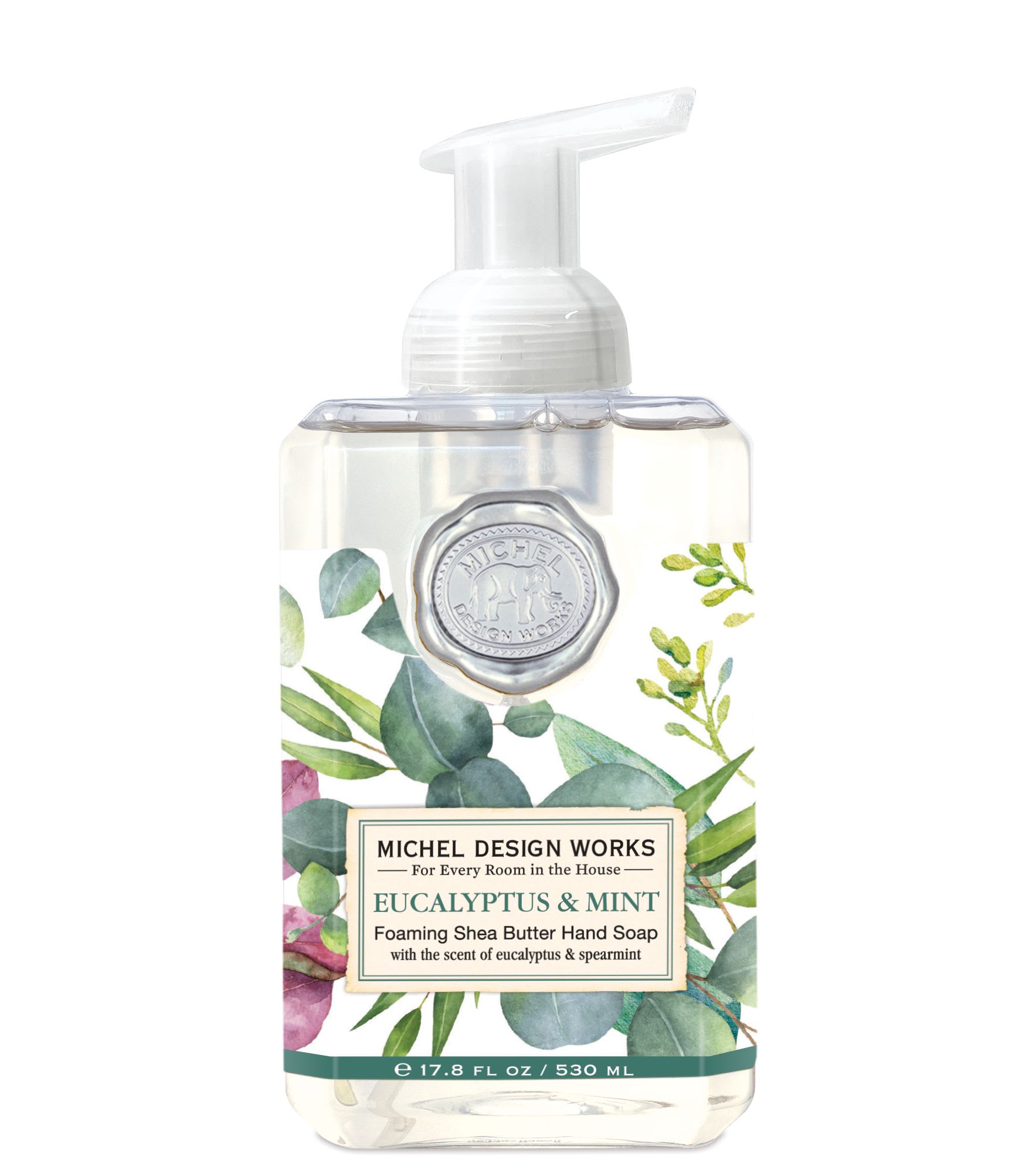 Eucalyptus and Mint Foaming Hand Soap - Relax at home with the peaceful scent of eucalyptus and spearmint. A palette of soft greens with a touch of purple brings this beautiful design to life.   Fragrance: Eucalyptus and spearmint with drops of orange and geranium.  The generous size of our foaming hand soap proves you can offer great value without sacrificing quality. Plus it contains luxurious shea butter and aloe vera for gentle cleansing and moisturizing.  17.8 fl. oz. / 530 ml liquid