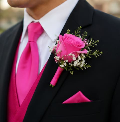 Hot Pink Rose Boutonniere  - A vivid hot pink rose takes center stage in this boutonniere, designed to make the recipient feel noticed and celebrated for weddings, proms, or any formal occasion. The bright pink rose and tiny white filler makes for a pulled-together look the wearer will be proud to show off.  Wrapped in coordinating pink ribbon with delicate greenery accents, this boutonniere pairs classic rose elegance with a modern, high-contrast palette of pink, black, and white. It arrives pinned and ready to wear giving the whole ensemble a polished, cohesive finish that reads both romantic and festive. Gentle care-keep cool and mist lightly-will help the rose look fresh through the event.