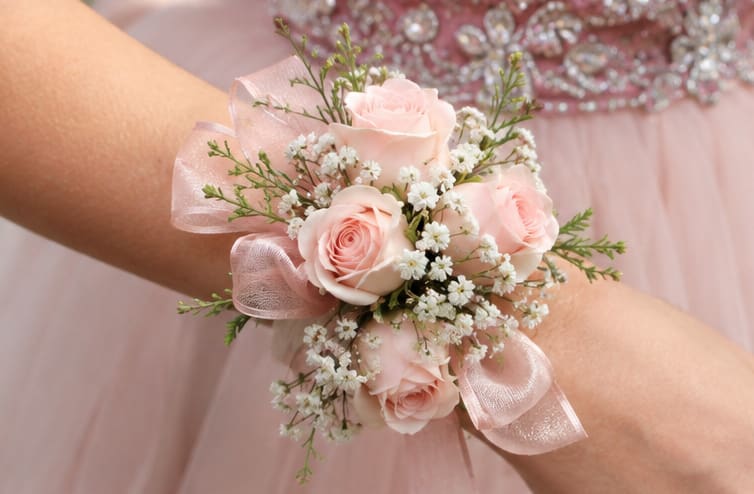 Simple Pink Spray Rose Corsage - Pale pink spray roses clustered with delicate white filler and airy green sprigs create a romantic wrist corsage perfect for prom or wedding wear. As a prom corsage or bridal accessory, this flower arrangement reads as a thoughtful, feminine detail that will make the person you're thinking of feel cherished and camera-ready.  The compact wrist corsage is formed of spray roses, small white accent blooms, and soft greenery, all tied together with pink satin ribbon loops that frame the arrangement and secure it on the wrist. Lightweight and elegant, it sits comfortably as a special-occasion accessory-order with timing for pickup or delivery to ensure freshness on the day, and store cool and dry until ready to wear.