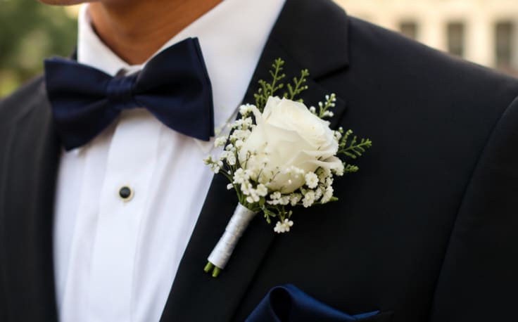 Simple White Rose Boutonniere  - A single white rose boutonniere crafted for a refined wedding or black‑tie celebration-this Simple White Rose Boutonniere pairs perfectly with a tuxedo or dark suit for an anniversary, groom or groomsman, or any formal occasion. The compact, clean white palette and classic silhouette send a quiet, elegant message so the person wearing it will feel polished and honored.  The white rose is accented with delicate white filler blooms and sprigs of fresh greenery, all finished with a boutonniere wrap for secure placement on the lapel. Shown pinned beside a navy bow tie on a dark jacket to highlight the crisp contrast, this boutonniere is intended as a single stem piece for one wearer. Care: keep cool and mist lightly until use; deliver on the day of the event for best freshness.