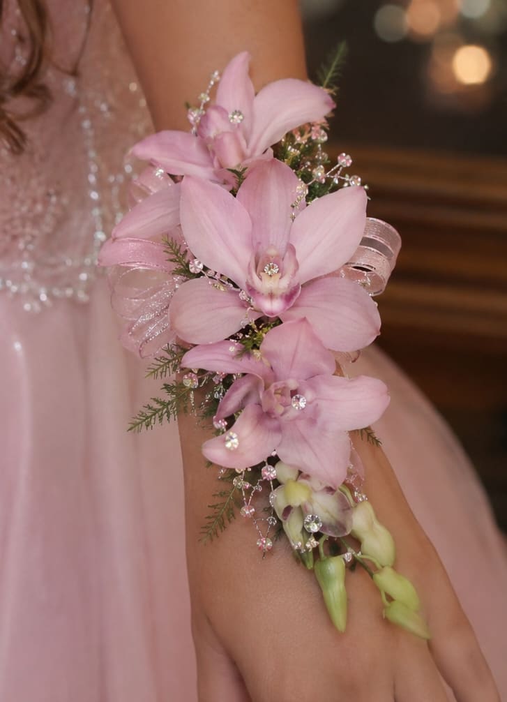Pink Dendrobium Orchid Corsage  - Pale pink dendrobium orchids curve gently along the wrist in this elegant wrist corsage, perfect for prom, weddings, or any formal celebration. The vertical arrangement and sheer pink ribbon give the corsage a soft, romantic profile that instantly reads as bridal or special‑occasion accessory-she'll feel graceful and noticed without anything feeling fussy.  Several pale pink orchid blooms are accented with fine greenery and tiny crystal beads for a subtle, sparkling finish; the sheer pink ribbon ties the look together and keeps the design compact and comfortable to wear. Lightweight and wearable, the corsage sits close to the arm so it pairs beautifully with strapless, sleeved, or long‑sleeve formalwear.  Made to enhance the moment-whether for a bride, bridesmaid, or prom date-this piece communicates delicate romance and refined style. Order with event timing in mind so the fresh orchids arrive at peak beauty; handle gently and keep cool until wear for best results.