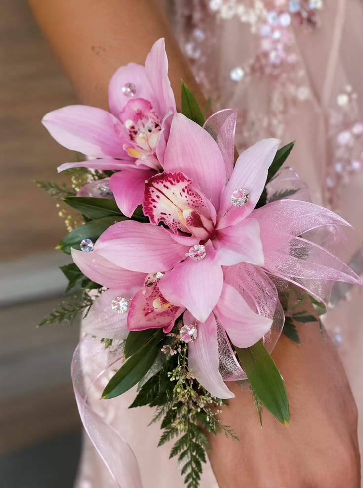 Pink Cymbidium Orchid Corsage  - Delicate pink cymbidium orchids form a compact, wearable cluster in this wrist corsage-perfect for prom, weddings, or any dressy celebration where the recipient should feel elegantly noticed. The arrangement reads as a formal, feminine accent that will make her feel cherished and photo-ready without overpowering her outfit.  Several pale pink orchid blooms with white-tinted petals and speckled centers are arranged close to the wrist, accented with clear rhinestones that catch the light and a sheer pink ribbon for a soft finish. A comfortable wrist corsage band secures the piece so it sits neatly on the arm as an understated statement of style.  Ideal for the prom date, bridesmaid, mother of the bride, or anyone you want to honor on a special day, this corsage sends a message of thoughtful elegance. Care is simple-keep it cool and mist lightly before wear; it's sized to be worn, not held, for easy, polished comfort throughout the event.