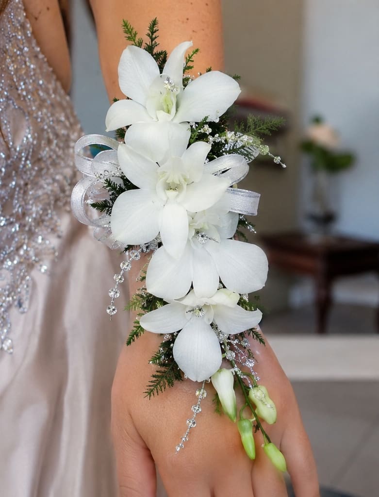 White Dendrobium Orchid Corsage  - Pure white dendrobium orchids arranged vertically create a refined wrist corsage with a soft bridal feel-perfect as a wedding corsage or for any dressy celebration. This white orchid corsage reads formal and elegant, the kind of accent that will make the person you're thinking of feel cherished and photo-ready on prom night, at a rehearsal dinner, or during a ceremony.  Several white orchid blooms are paired with small green buds and fine evergreen filler for a fresh, textured look. Silver ribbon loops and delicate clear crystal bead strands trail from the design to add sparkle and movement without overwhelming the compact, wrist-mounted shape. Lightweight and compact, it wears comfortably throughout an event; order with your gown or suit colors in mind to ensure the white-and-green palette complements the overall look.