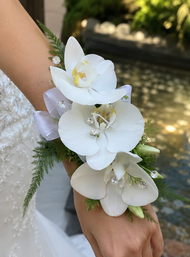 White Phalaenopsis Orchid Corsage  - Soft white Phalaenopsis orchids cascade along the wrist in a refined, bridal-style corsage perfect for weddings, proms, or other dressy celebrations. The vertical arrangement and clean white palette make this a classic wedding corsage or an elegant prom accessory that will make the person you're gifting feel celebrated and gracefully styled.  Each corsage features three large white Phalaenopsis blooms (arranged either vertically or in a cascading cluster), fine green foliage for a fresh outline, and shimmering crystal bead strands that gently catch the light. Delicate ribbons-sheer silver and soft lavender-are looped and tied with rhinestone accents for added sparkle and a formal finish. The compact wrist-mounted form sits comfortably for dancing and photos while keeping the look airy and romantic.  Ideal for brides, bridesmaids, mothers of the couple, or a prom queen who prefers a sophisticated, understated look, this corsage pairs beautifully with white, pastel, or jewel-toned dresses. Handle gently, keep shaded from direct sun and heat, and mist lightly if needed; order to coordinate with boutonnieres or bouquets for a polished group presentation.