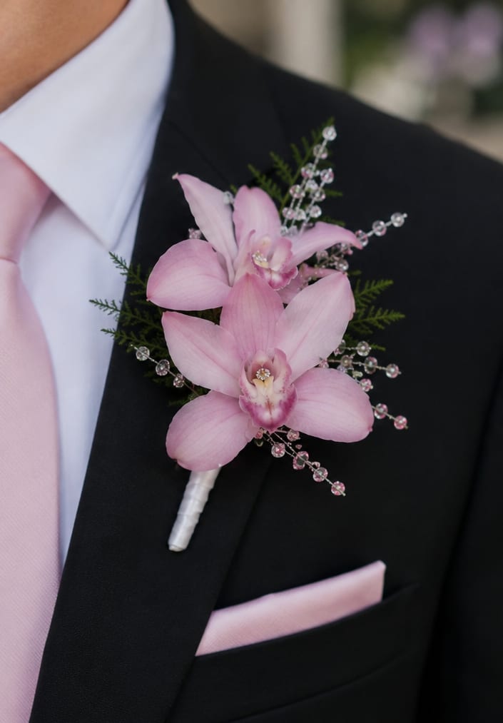 Pink Cymbidium Orchid Boutonniere  - Two pale pink cymbidium orchid blooms form an elegant focal point for a wedding boutonniere or prom boutonniere, creating a romantic, tailored accent for the person you're celebrating. The soft pink orchids against a black suit lapel read formal and polished-ideal for grooms, prom dates, or anyone who should feel especially seen on a milestone night.  Delicate clear bead sprays and fine greenery frame the orchids, adding a subtle sparkle and light texture without overpowering the blooms. The stem is wrapped in white ribbon and finished with a boutonniere pin for secure placement; shown paired with a soft pink tie and pocket square for a coordinated ensemble. Order sizing and placement tips are available at checkout to help ensure the boutonniere stays perfectly positioned through photos and the event.